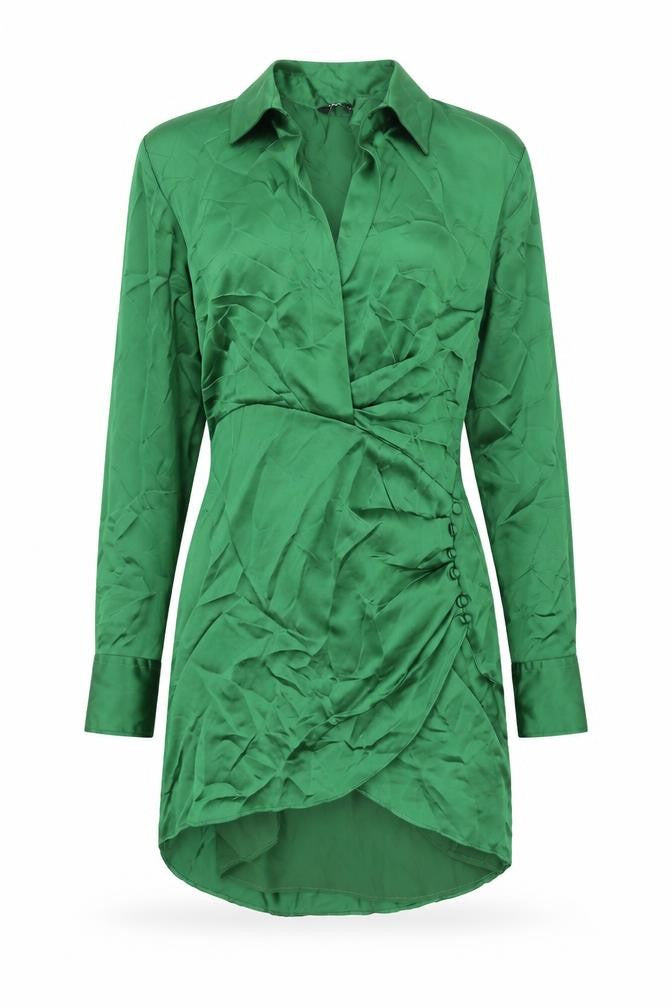Front view of Zara women’s green polyester shirt dress, size S, collared zip - rouched button