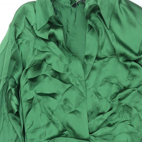 Zara Womens Green Polyester Shirt Dress Size S Collared Zip - Rouched Button
