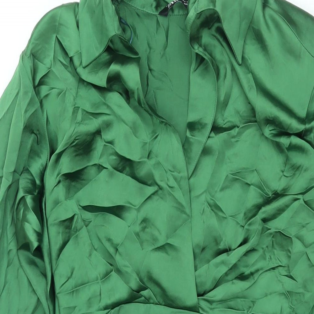 Zara Womens Green Polyester Shirt Dress Size S Collared Zip - Rouched Button