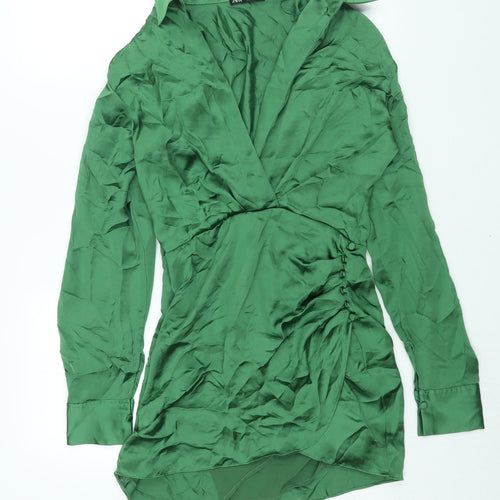 Zara Womens Green Polyester Shirt Dress Size S Collared Zip - Rouched Button