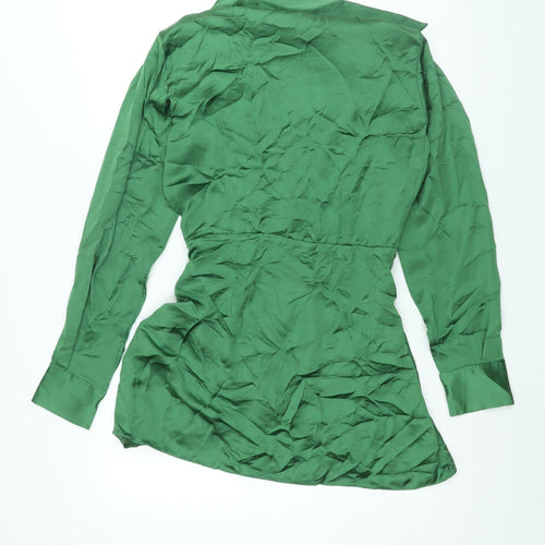 Zara Womens Green Polyester Shirt Dress Size S Collared Zip - Rouched Button