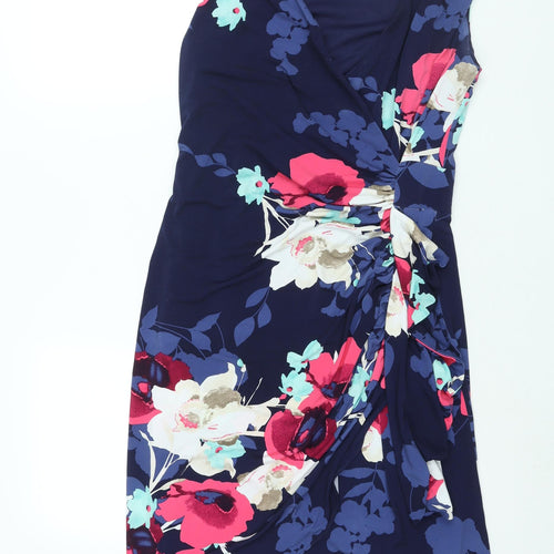 Coast Womens Blue Floral Polyester Shift Size 14 V-Neck Zip - Rouched