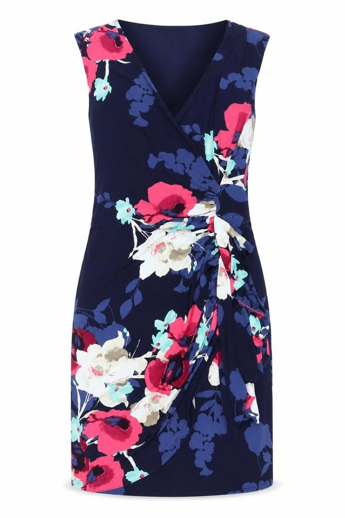Front view of Coast women’s blue floral polyester shift, size UK 14, v-neck zip - rouched