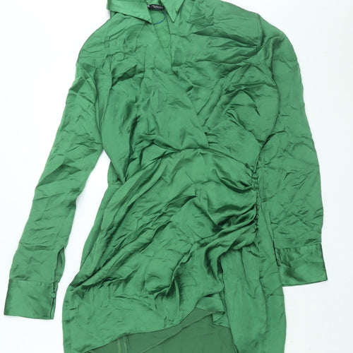 Zara Womens Green Polyester Shirt Dress Size S Collared Zip - Rouched Button