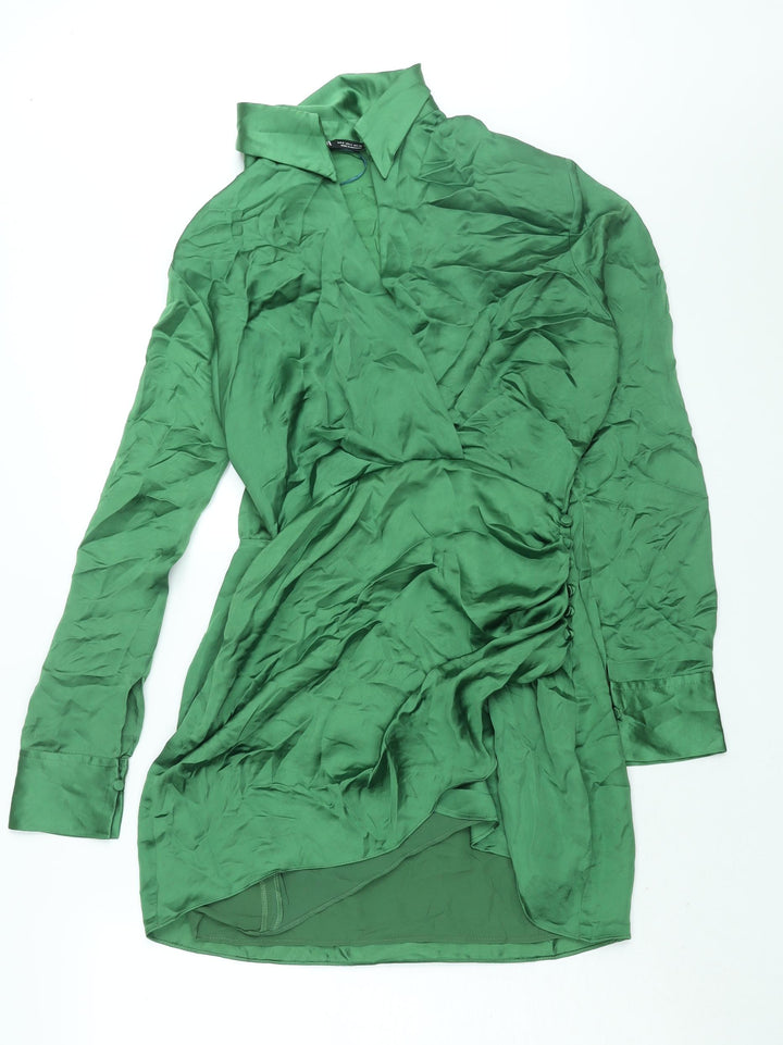 Zara Womens Green Polyester Shirt Dress Size S Collared Zip - Rouched Button