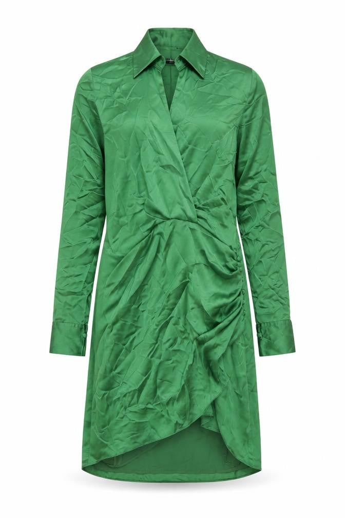 Front view of Zara women’s green polyester shirt dress, size S, collared zip - rouched button