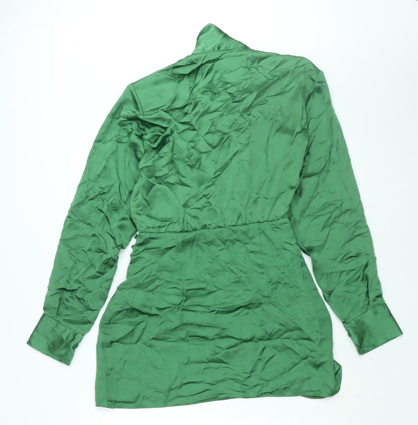 Zara Womens Green Polyester Shirt Dress Size S Collared Zip - Rouched Button