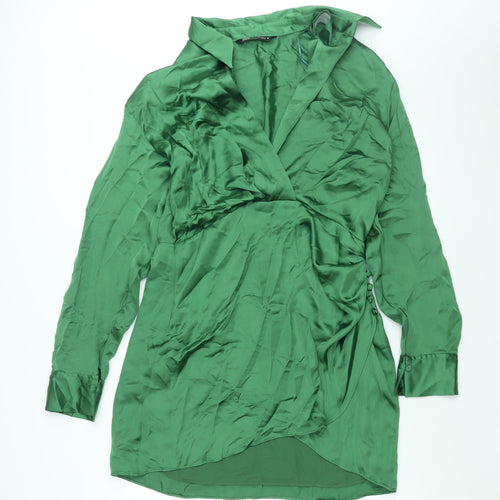 Zara Womens Green Polyester Shirt Dress Size XL Collared Zip - Rouched Button