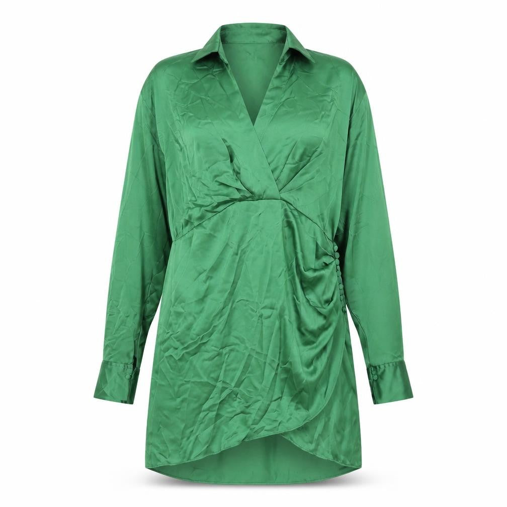 Front view of Zara women’s green polyester shirt dress, size XL, collared zip - rouched button