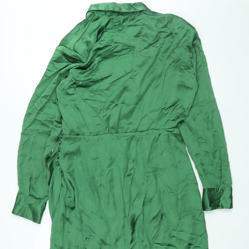 Zara Womens Green Polyester Shirt Dress Size XL Collared Zip - Rouched Button