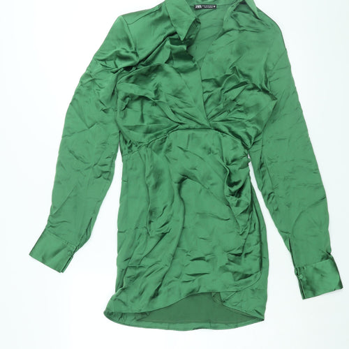 Zara Womens Green Polyester Shirt Dress Size XS Collared Zip - Rouched Button
