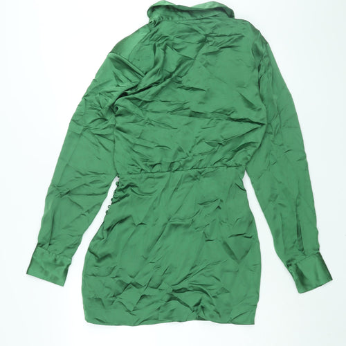 Zara Womens Green Polyester Shirt Dress Size XS Collared Zip - Rouched Button