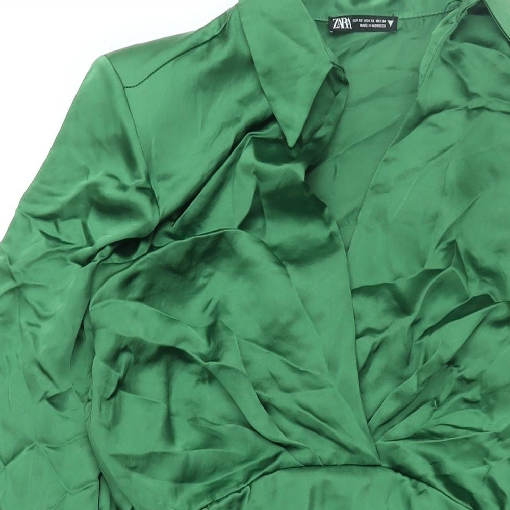 Zara Womens Green Polyester Shirt Dress Size XS Collared Zip - Rouched Button