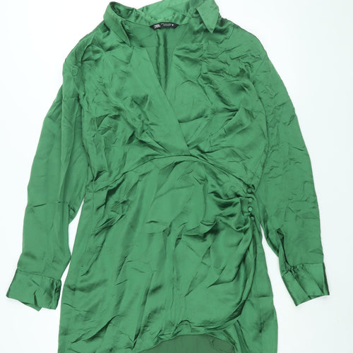 Zara Womens Green Polyester Shift Size XL Collared Zip - Rouched Button