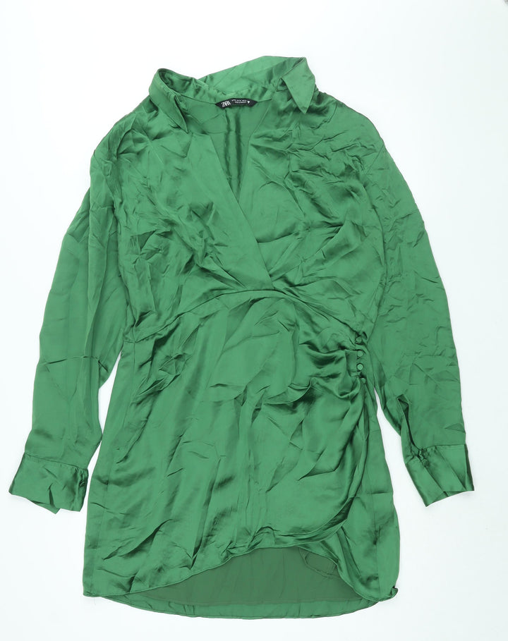 Zara Womens Green Polyester Shift Size XL Collared Zip - Rouched Button