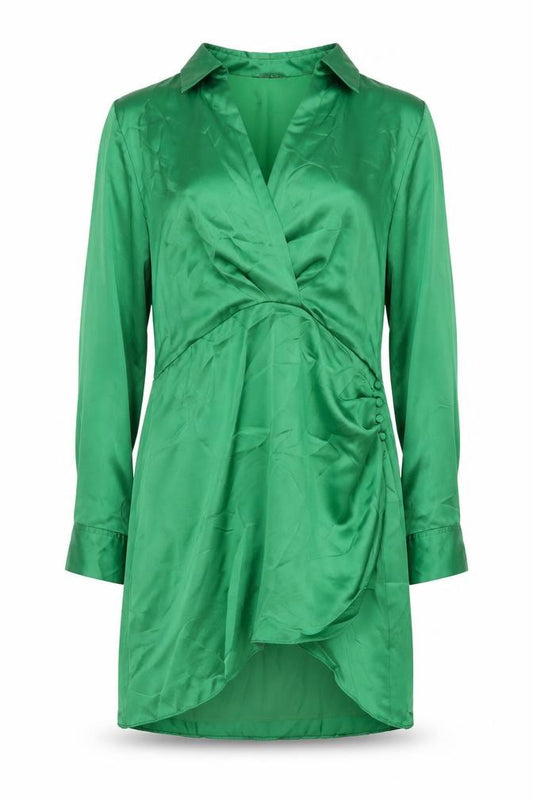 Front view of Zara women’s green polyester shift, size XL, collared zip - rouched button