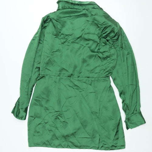 Zara Womens Green Polyester Shift Size XL Collared Zip - Rouched Button