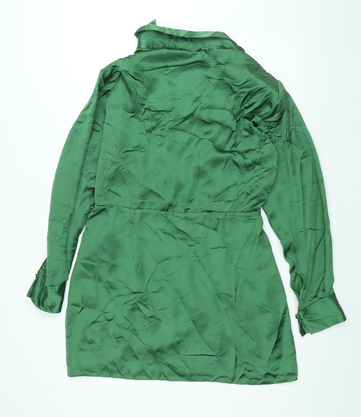 Zara Womens Green Polyester Shift Size XL Collared Zip - Rouched Button