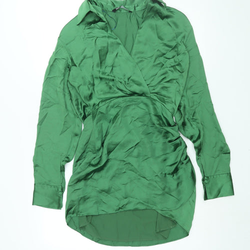 Zara Womens Green Polyester Shirt Dress Size S Collared Zip - Rouched Button