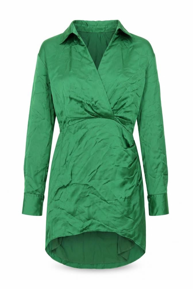 Front view of Zara women’s green polyester shirt dress, size S, collared zip - rouched button