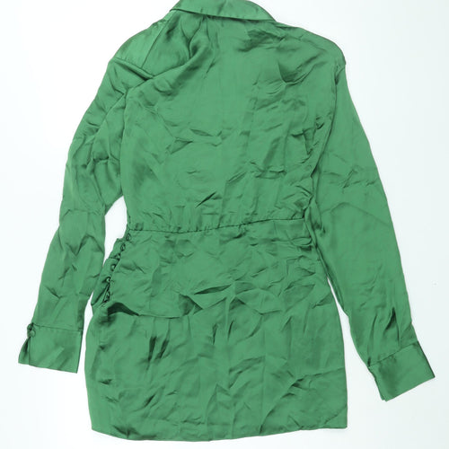 Zara Womens Green Polyester Shirt Dress Size S Collared Zip - Rouched Button