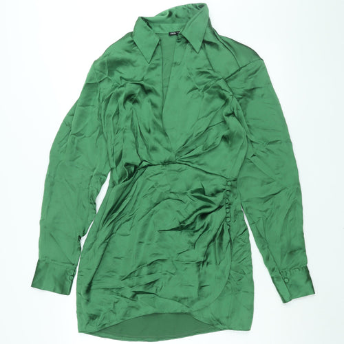 Zara Womens Green Polyester Shirt Dress Size M Collared Zip - Rouched Button