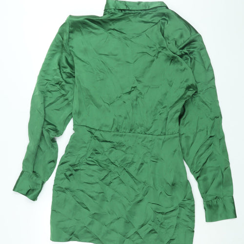 Zara Womens Green Polyester Shirt Dress Size M Collared Zip - Rouched Button