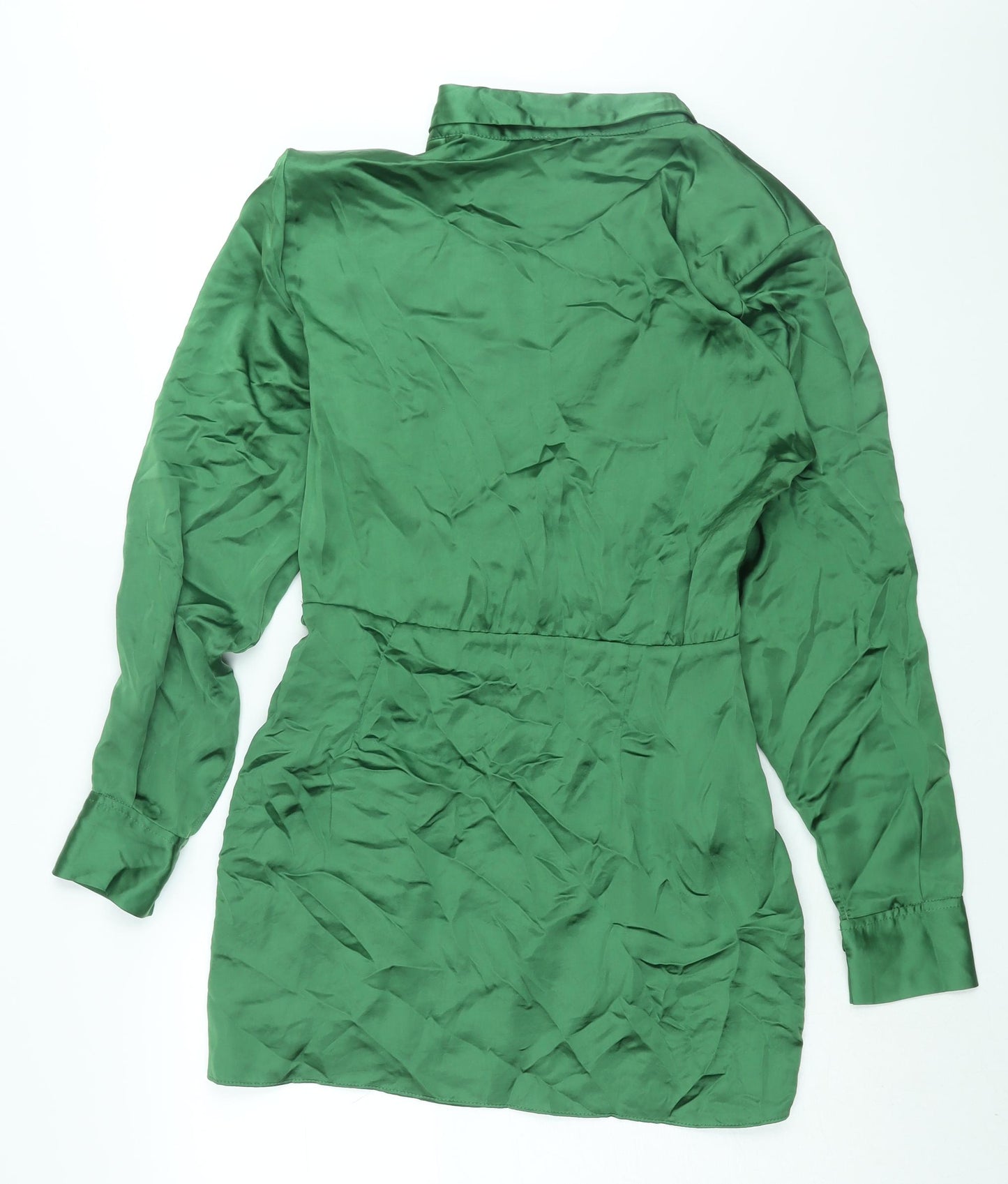 Zara Womens Green Polyester Shirt Dress Size M Collared Zip - Rouched Button