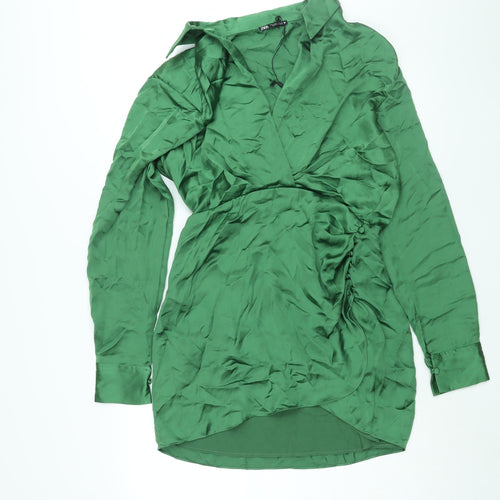 Zara Womens Green Polyester Shirt Dress Size L Collared Zip - Rouched Button