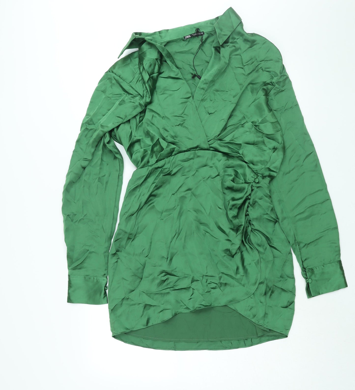 Zara Womens Green Polyester Shirt Dress Size L Collared Zip - Rouched Button