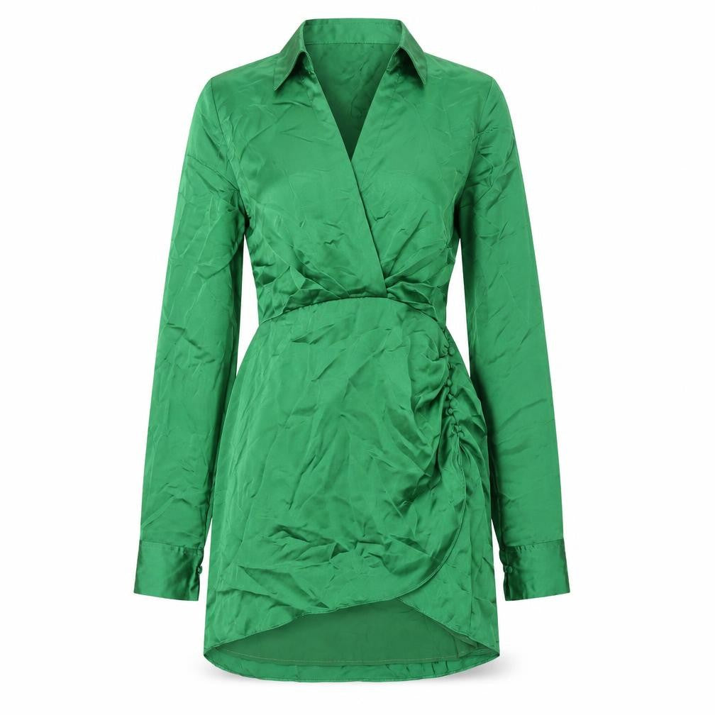 Front view of Zara women’s green polyester shirt dress, size L, collared zip - rouched button