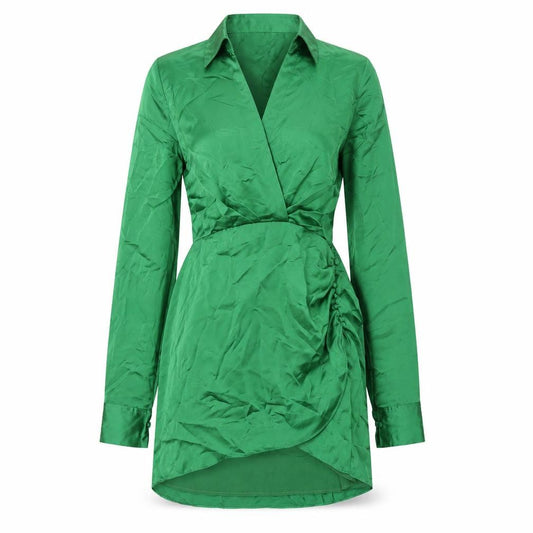 Front view of Zara women’s green polyester shirt dress, size L, collared zip - rouched button