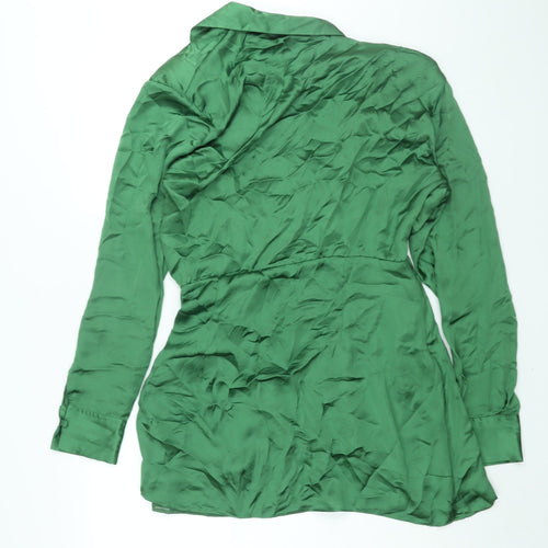 Zara Womens Green Polyester Shirt Dress Size L Collared Zip - Rouched Button