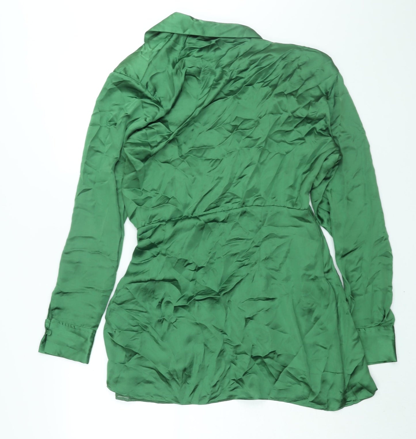 Zara Womens Green Polyester Shirt Dress Size L Collared Zip - Rouched Button