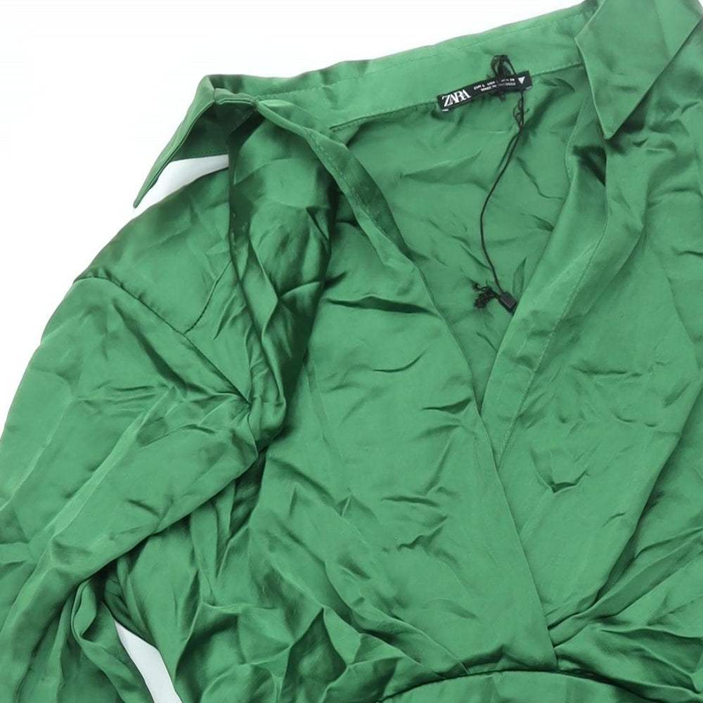 Zara Womens Green Polyester Shirt Dress Size L Collared Zip - Rouched Button