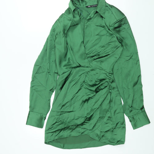 Zara Womens Green Polyester Shirt Dress Size XS Collared Zip - Rouched Button