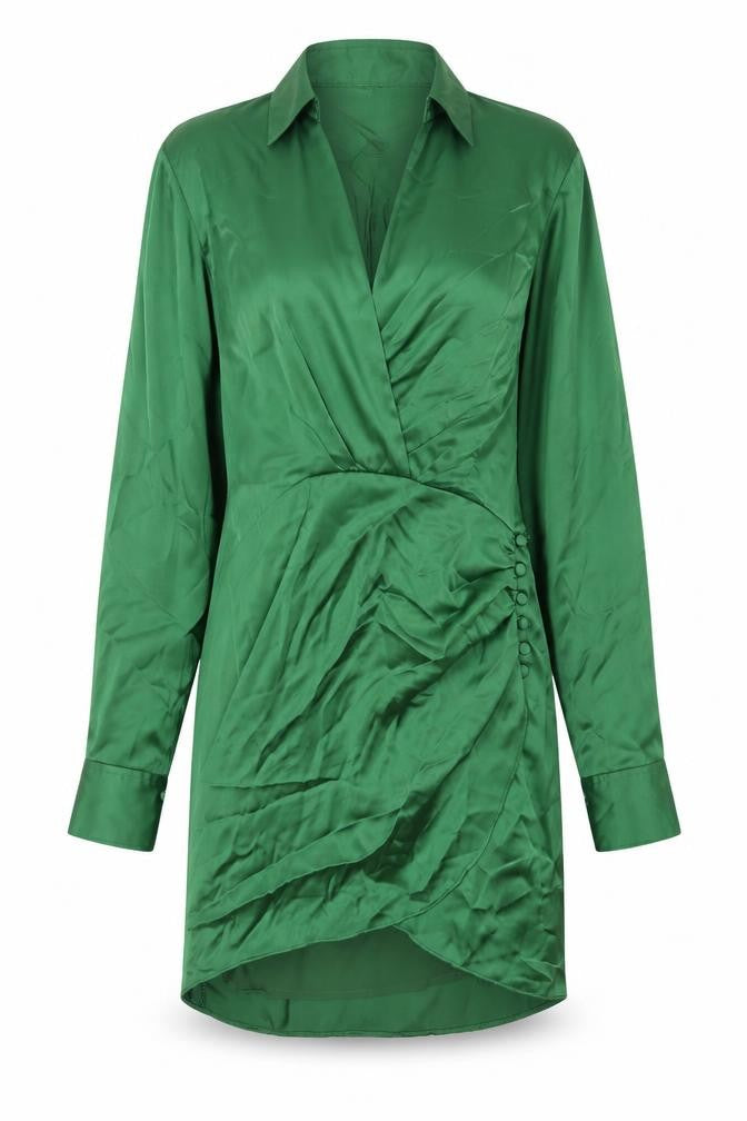 Zara Womens Green Polyester Shirt Dress Size XS Collared Zip - Rouched Button