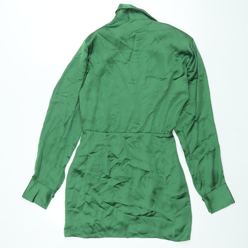 Zara Womens Green Polyester Shirt Dress Size XS Collared Zip - Rouched Button