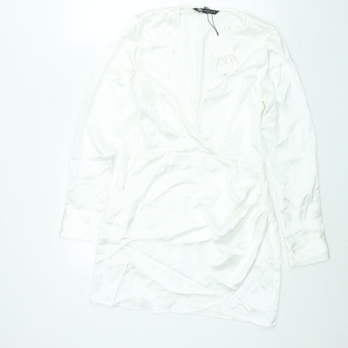 Zara Womens White Polyester Shift Size M V-Neck Zip - Rouched