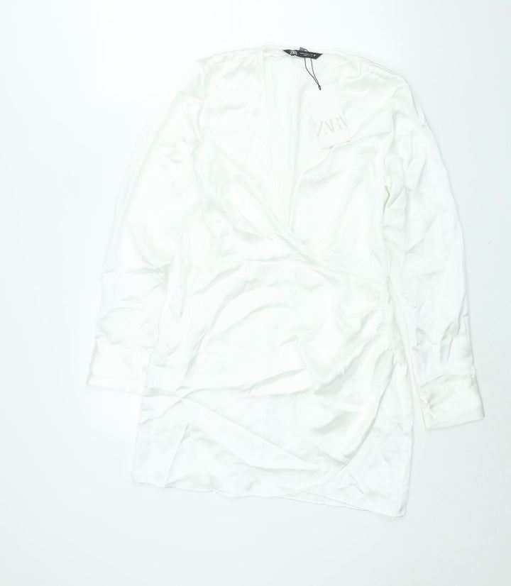 Zara Womens White Polyester Shift Size M V-Neck Zip - Rouched