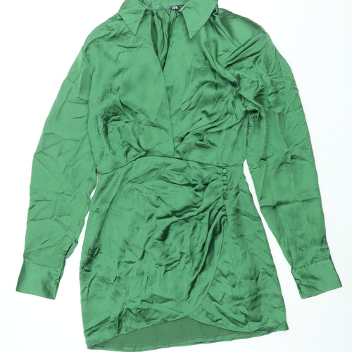 Zara Womens Green Polyester Shirt Dress Size S Collared Zip - Rouched Button