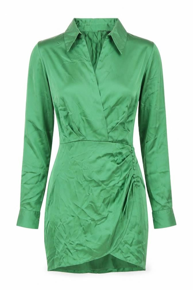 Front view of Zara women’s green polyester shirt dress, size S, collared zip - rouched button