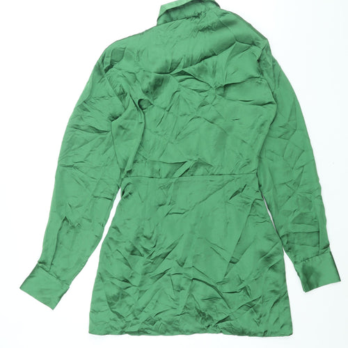 Zara Womens Green Polyester Shirt Dress Size S Collared Zip - Rouched Button