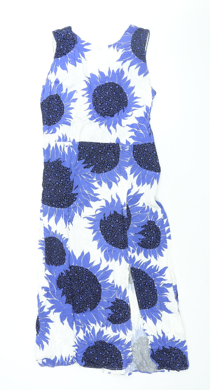 Warehouse Womens Blue Floral Viscose Shift Size 12 Round Neck Tie