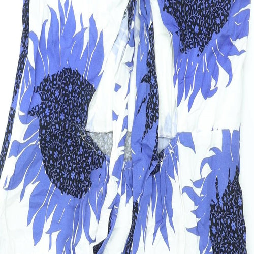 Warehouse Womens Blue Floral Viscose Shift Size 12 Round Neck Tie