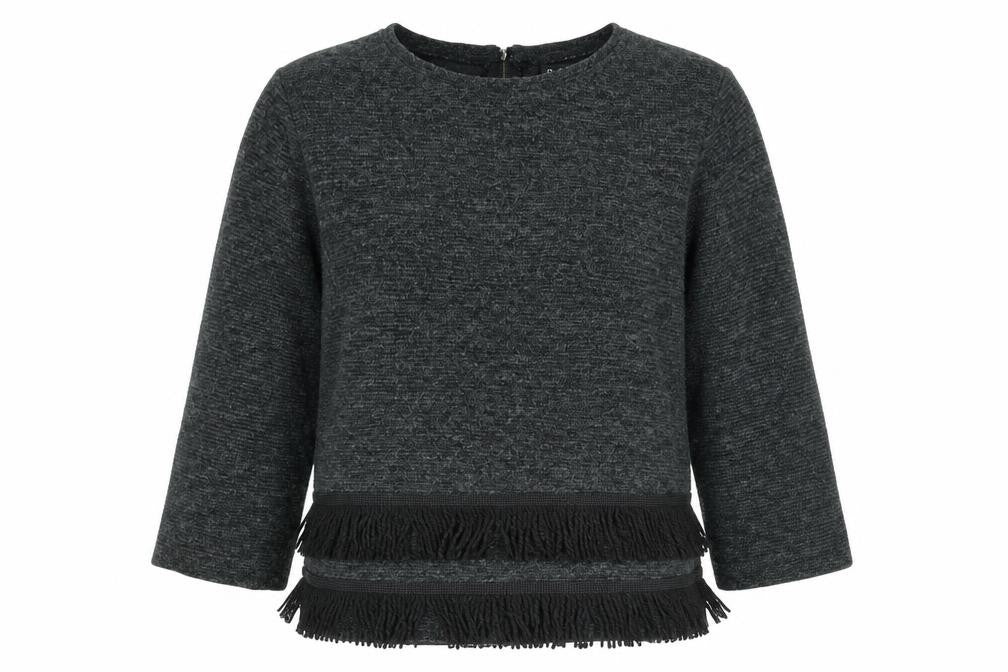 Front view of PRETTYLITTLETHING women’s grey round neck acrylic jumper, size UK 10, - tassle