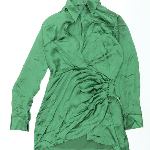 Zara Womens Green Polyester Shirt Dress Size M Collared Zip - Rouched Button