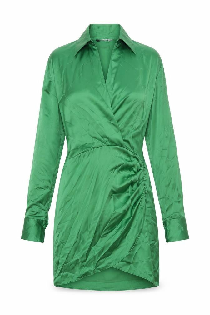 Front view of Zara women’s green polyester shirt dress, size M, collared zip - rouched button
