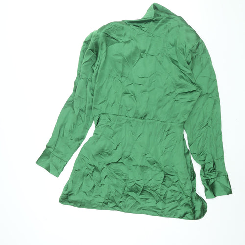 Zara Womens Green Polyester Shirt Dress Size M Collared Zip - Rouched Button
