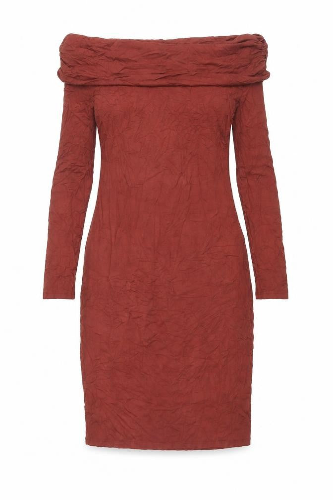 Front view of JustFab women’s brown viscose bodycon, size M, off the shoulder pullover